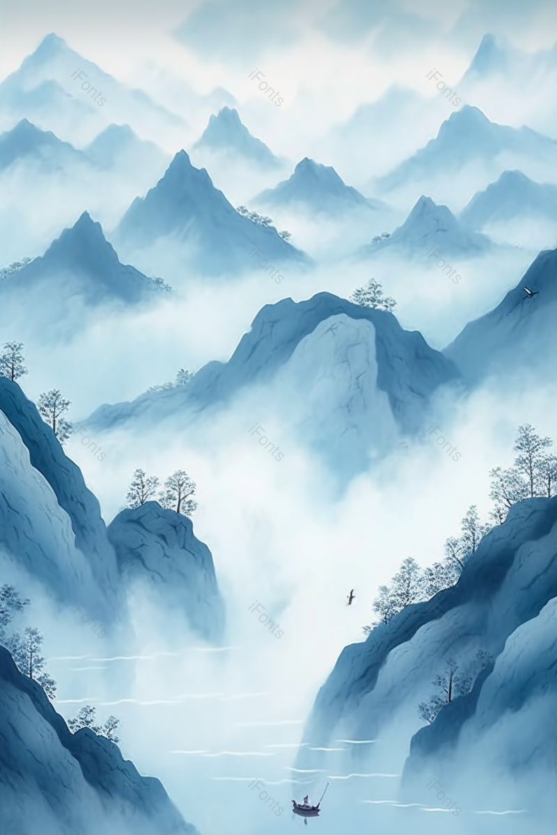 中国风蓝色山水国画群山中的小船,插画/手绘图,插画/手绘图库,插画/手绘图下载,插画/手绘
